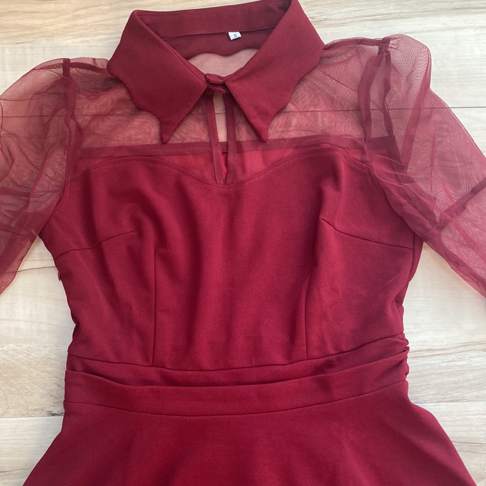 NWT Amazon Red Women Womens Dress Size Small. Sheer Bell Sleeves and Collar. - Picture 11 of 13